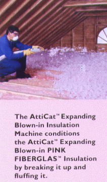 The AttiCat Expanding Blown-In Insulation Machine conditions the AttiCat Expanding Blown-In PINK FIBERGLAS Insulation by breaking it up and fluffing it.
