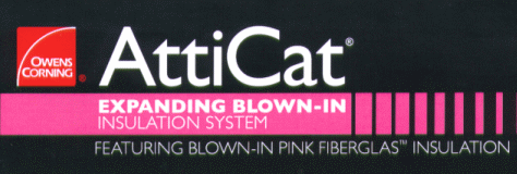 AttiCat by Owens Corning. Expanding Blown-in Insulation System, featuring blown-in pink fiberglass insulation